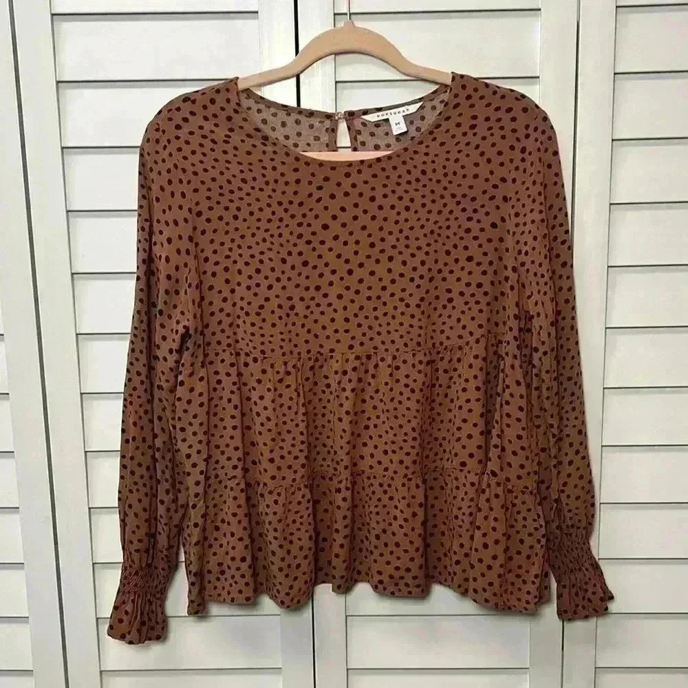 Popsugar Polka Dot Tiered Long Sleeve Babydoll Top Size Medium